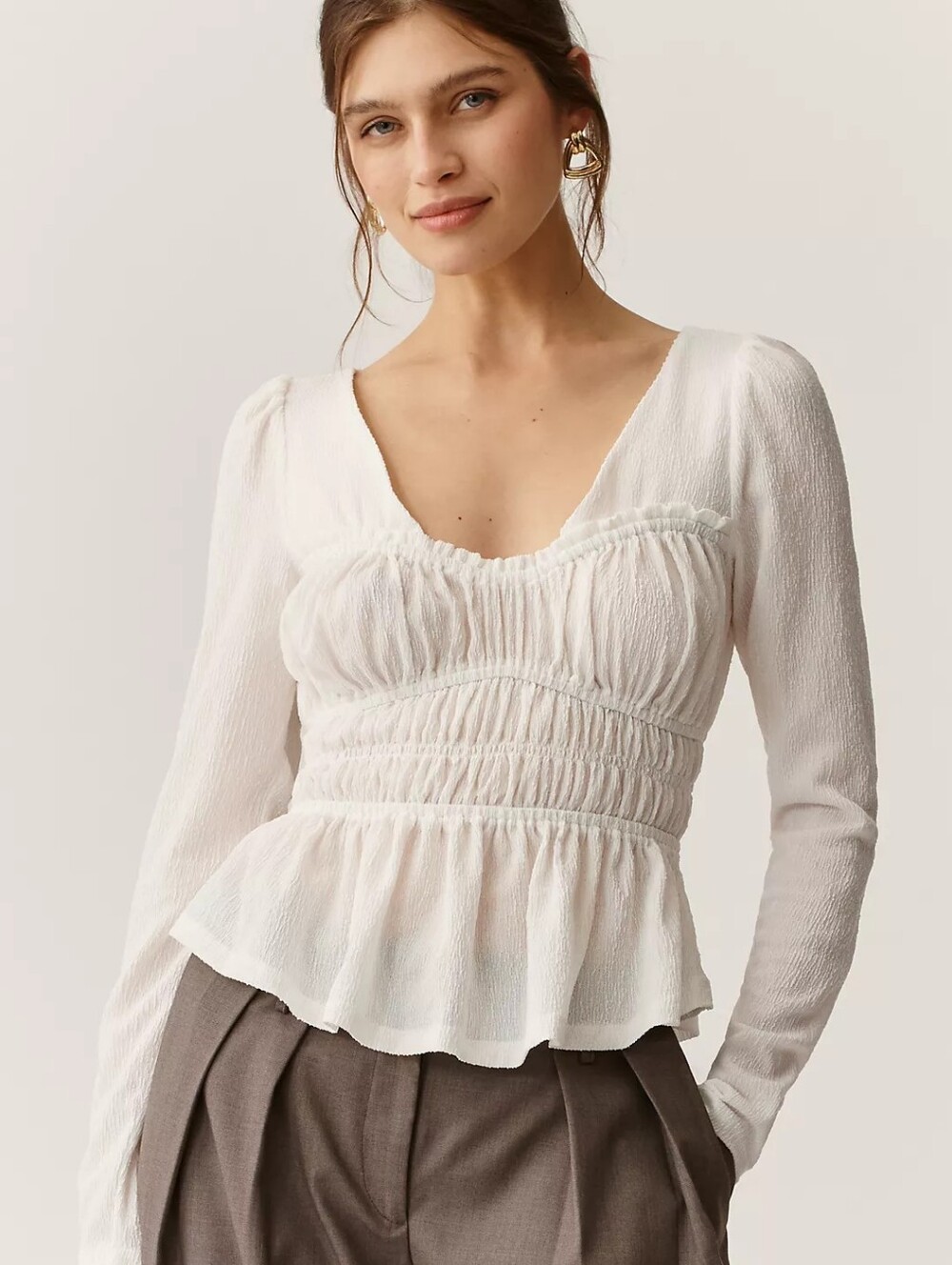 Anthropologie Maeve White Smocked Peplum Long-Sleeve Blouse Size XXS
